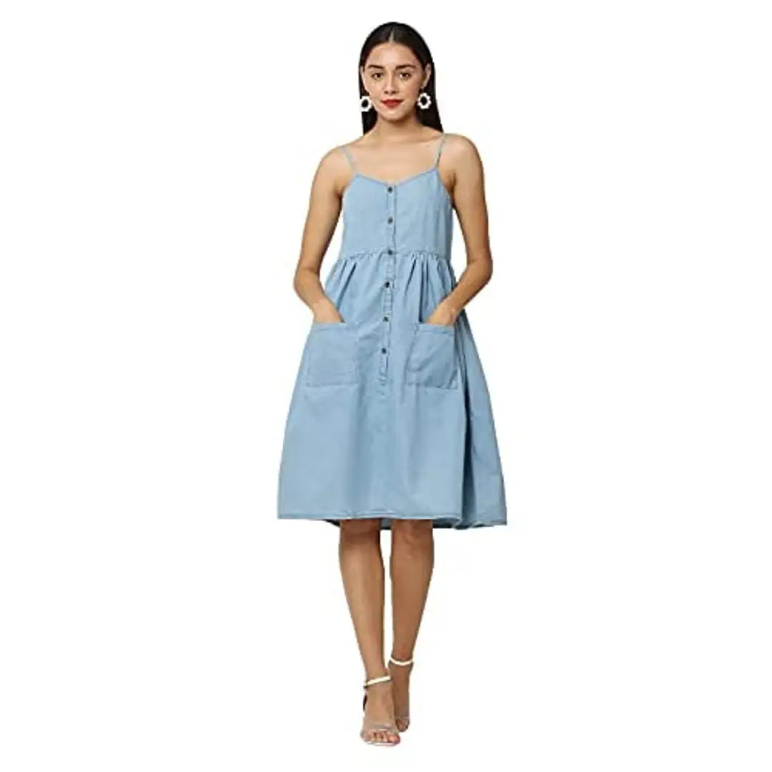 AVYANNA Stylish Women's Blue Color Light Wash Solid Denim Dress