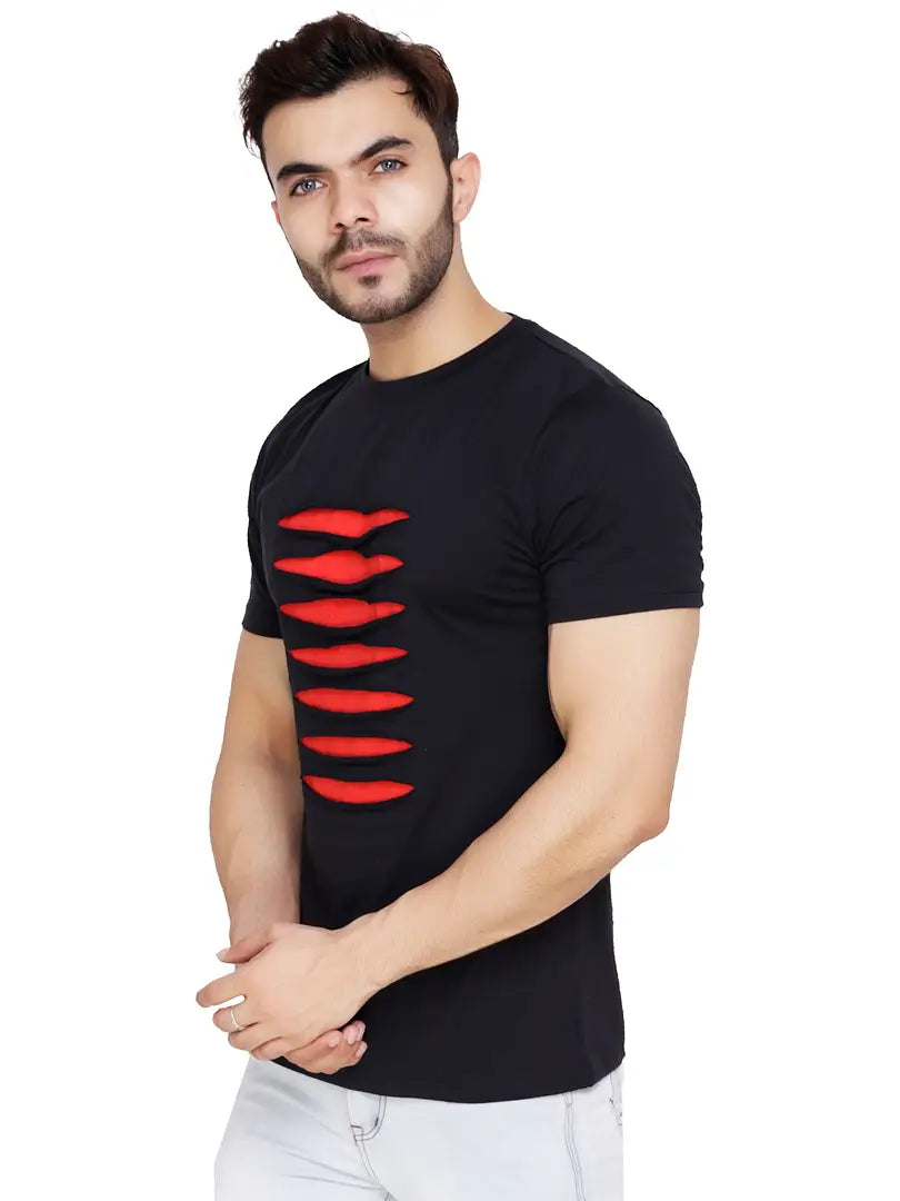 Men's Black Cotton Blend Self Pattern Round Neck Tees