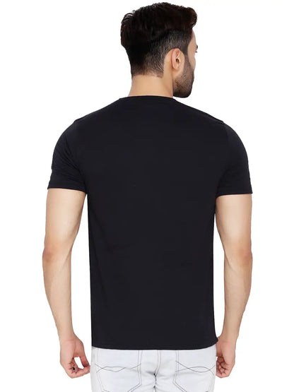 Men's Black Cotton Blend Self Pattern Round Neck Tees