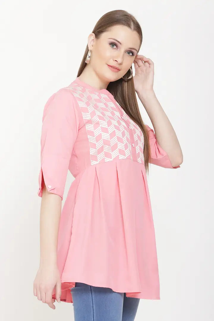 Womens Embroidered Peach Color Crepe Regular Length Tunic