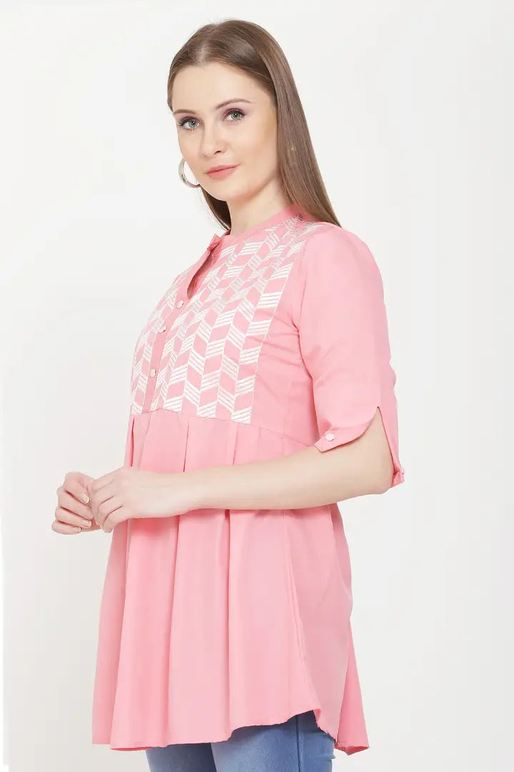 Womens Embroidered Peach Color Crepe Regular Length Tunic