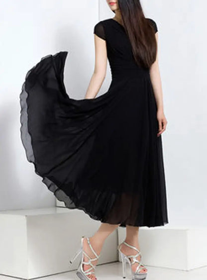 Georgette Black V-Neck Long Maxi Dress