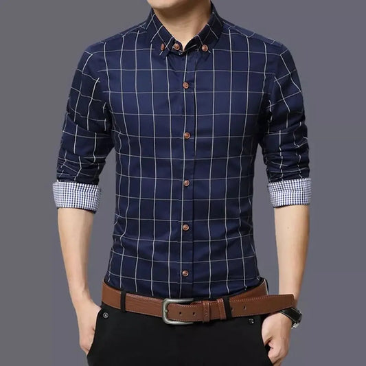 Mens Navy Blue Cotton Long Sleeves Checked Slim Fit Casual Shirt