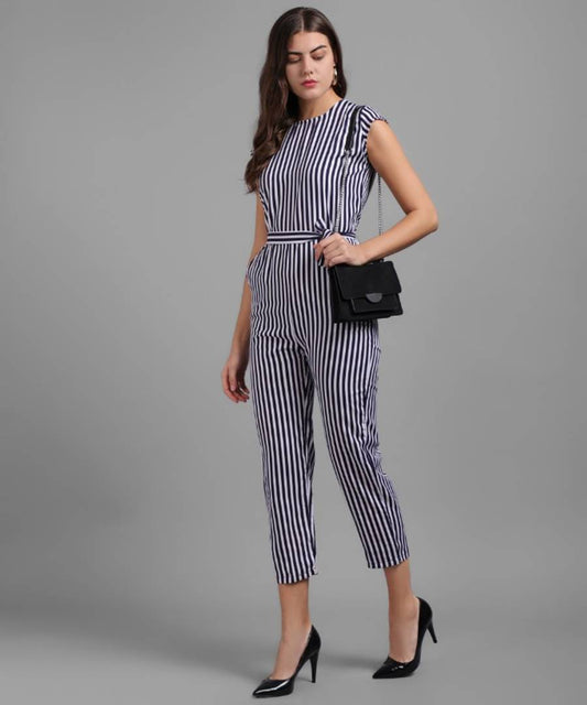 Women Black Small Stripe Printed Front Knot Jumpsuits