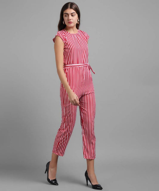 Vivient Women Red Stripe Printed Front Knot Jumpsuits