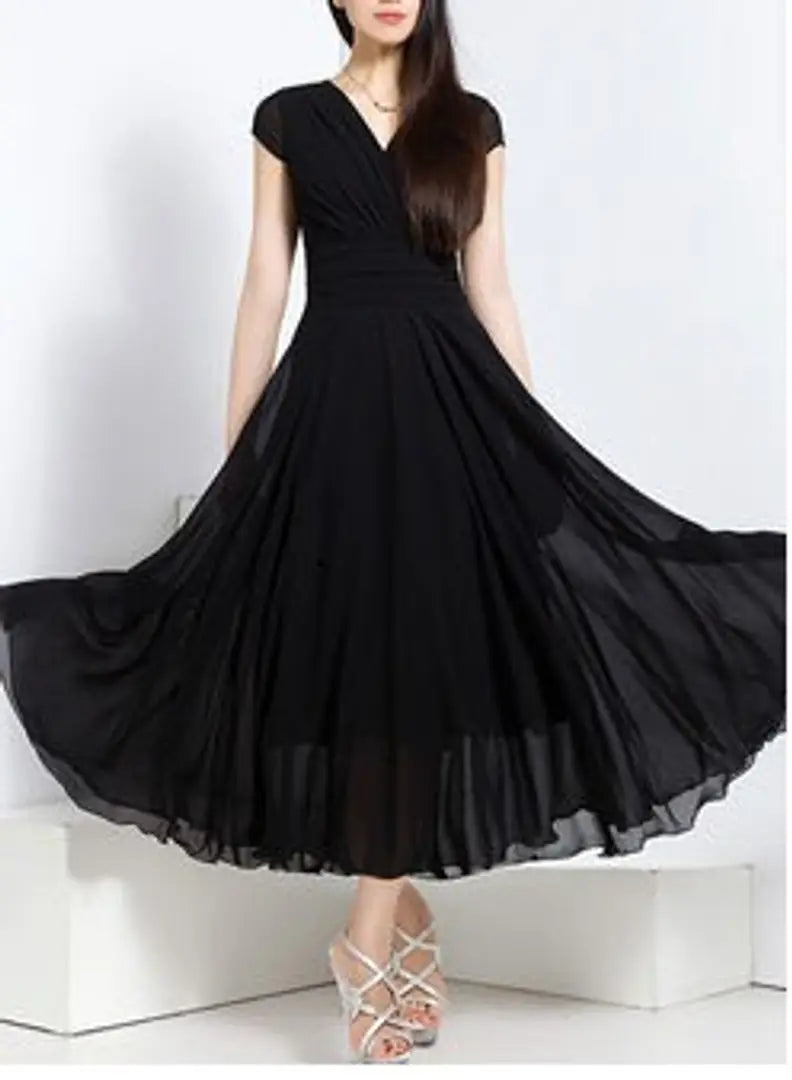 Women Black Solid Georgette Long A-Line Dress