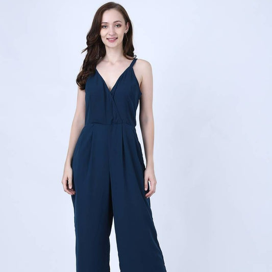 Alluring Navy Blue Crepe Solid Long Jumpsuit For Women