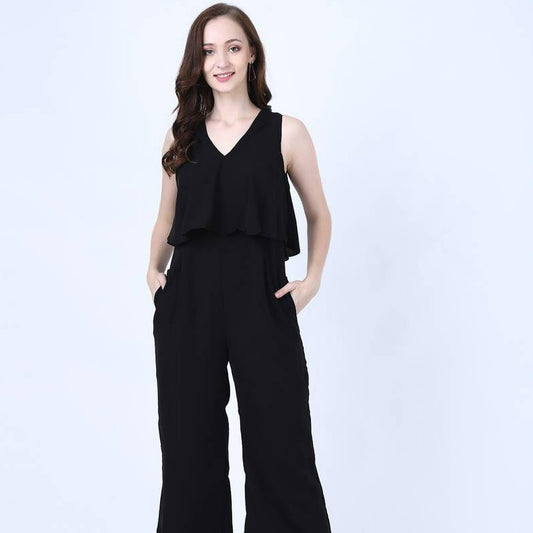 Alluring Black Crepe Solid Long Jumpsuit For Women