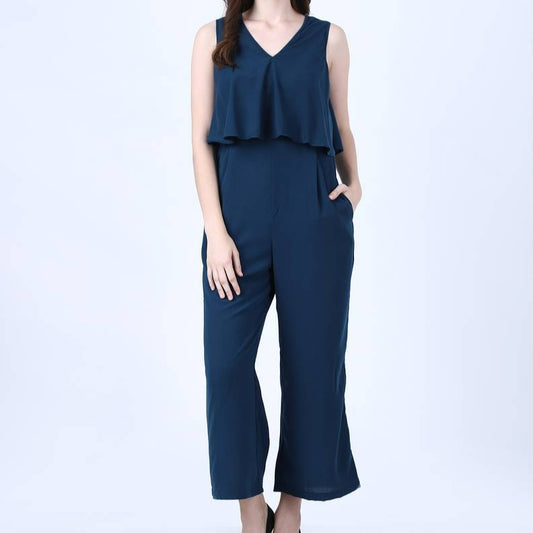 Alluring Navy Blue Crepe Solid Long Jumpsuit For Women