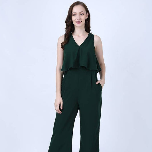 Alluring Green Crepe Solid Long Jumpsuit For Women