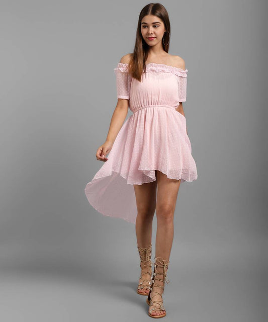 Elegant Pink Chiffon Self Design Mini Dress For Women
