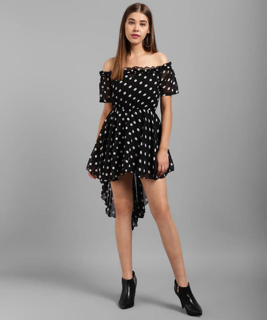 Elegant Black Chiffon Polka Dot Print Mini Dress For Women