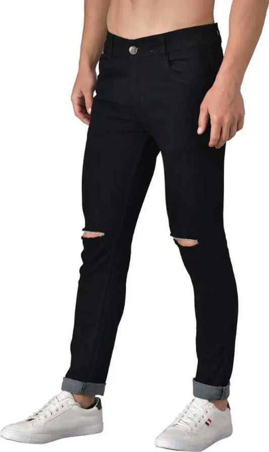 Men Black Knee Cut Jeans