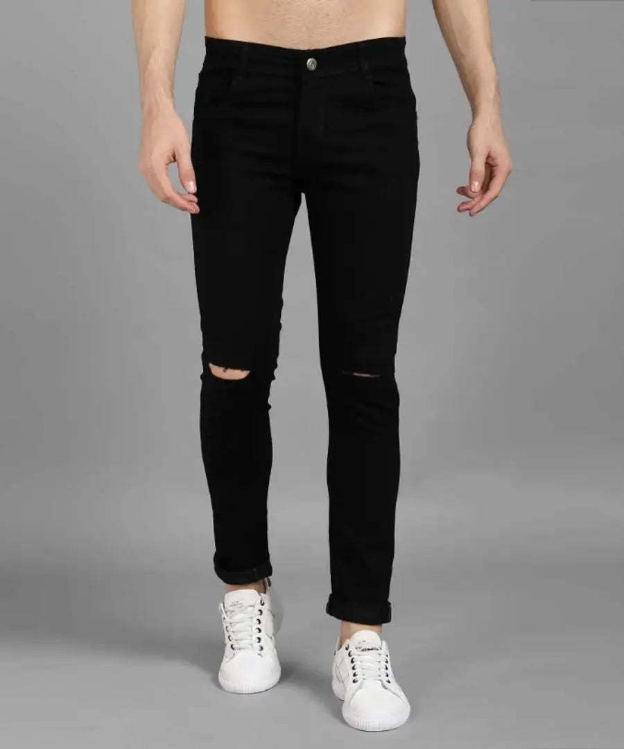 Men Black Knee Cut Slim Fit Jeans