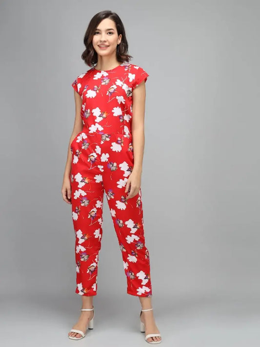 Women Red Color White Flower Printed Jumpsuit