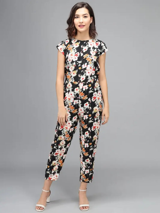 Women Black and White Flower Printed Jumpsuit