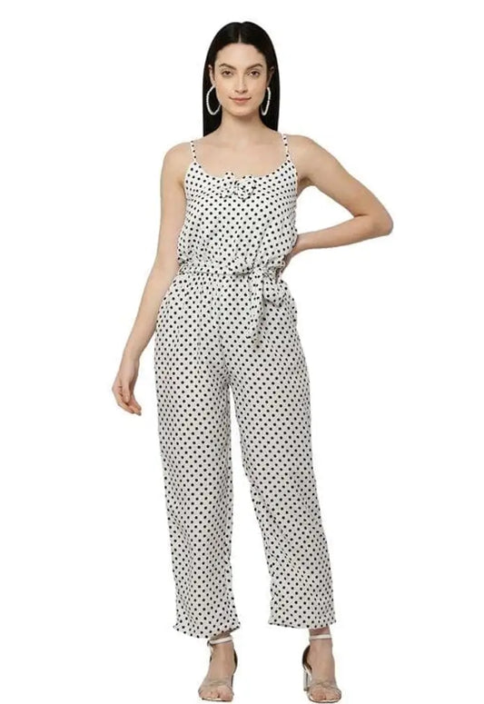 Stylish Crepe White Polka Dot Print Jumpsuit For Women