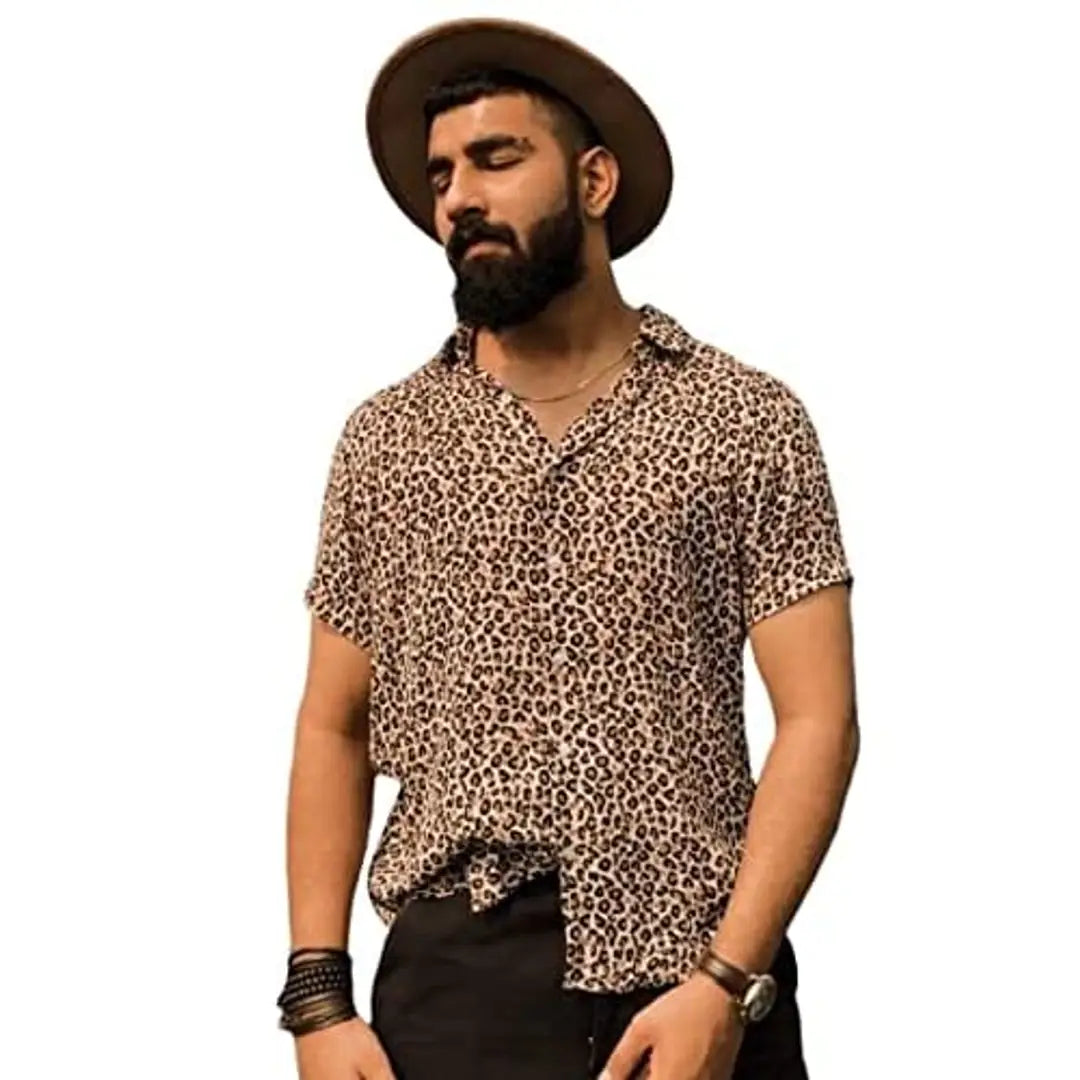 Leopard Printed Cream Color Half Sleeves Shirt for Men