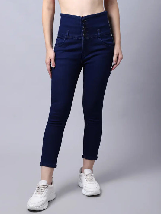 Stylish Fancy Denim Solid Dark Blue Coloured High Rise Ankle Length Jeans For Women