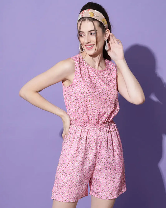 Stylish Pink Crepe Floral Print Sleeveless Summer Short Jumpsuit For Women
