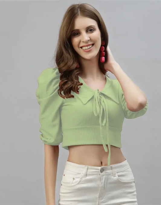 Velmita  Casual Balloon Sleeve Solid Women Green Top