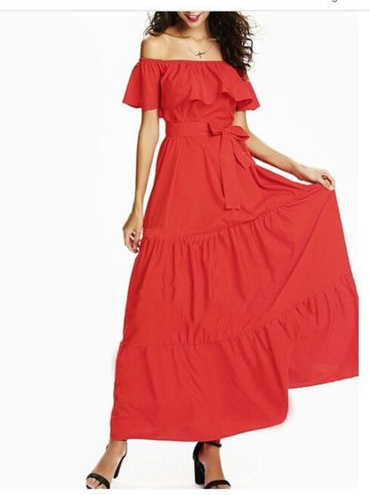 Women's Off Shoulder Georgette Solid Mid-Length Dress