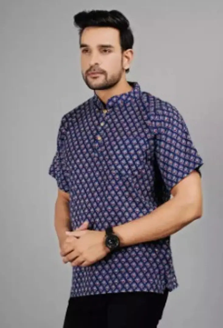 Reliable Blue Cotton Printed Short Length Kurta For Men