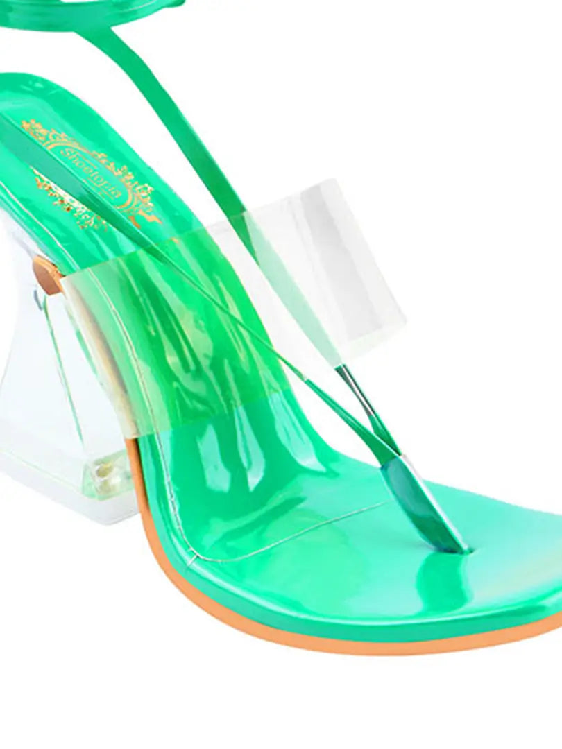 Trendy Clear Strap Stylish Green Block Heeled Sandals For Women and Girls