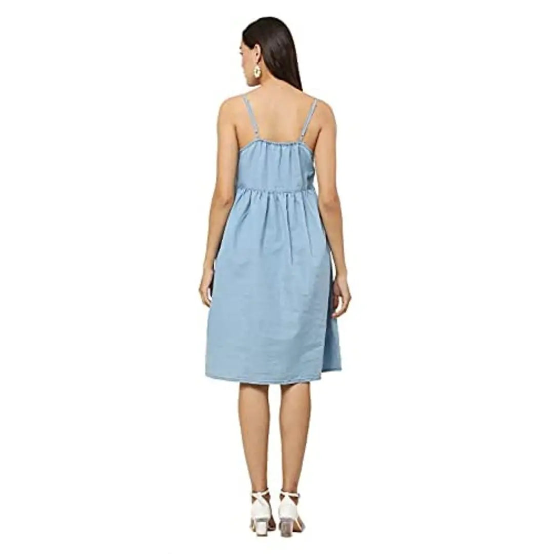 AVYANNA Stylish Women's Blue Color Light Wash Solid Denim Dress