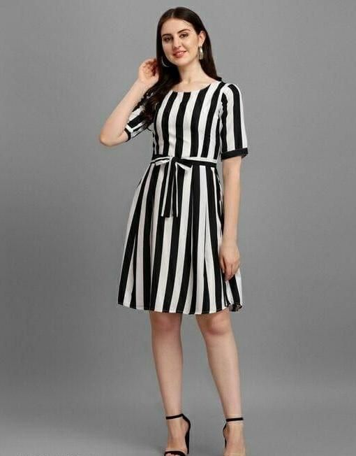 Women's Crepe Stripe Patta Drop Waist Short Dress