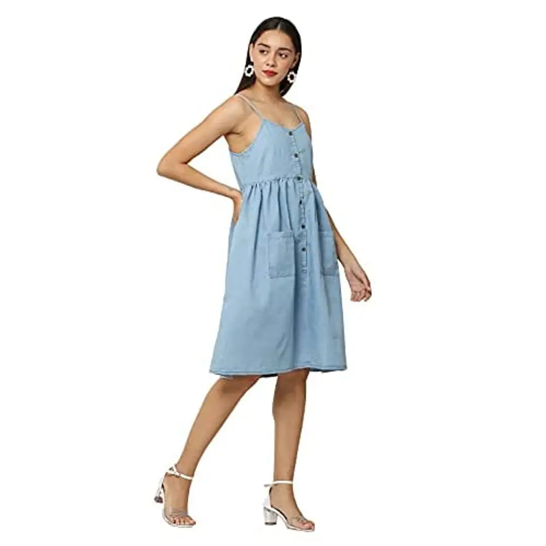 AVYANNA Stylish Women's Blue Color Light Wash Solid Denim Dress