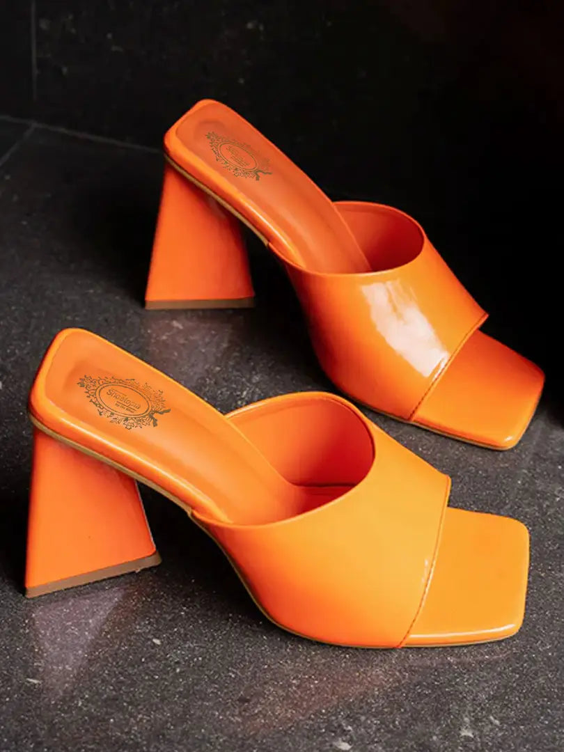 Trendy Stylish Pop Orange Colored Triangle Heels For Women and Girls