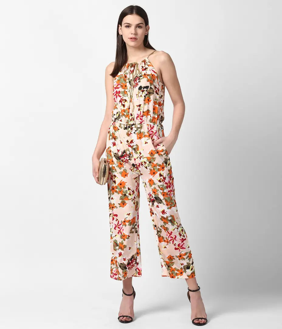 Stylish Polyester Floral Print Basic Jumpsuit For Women