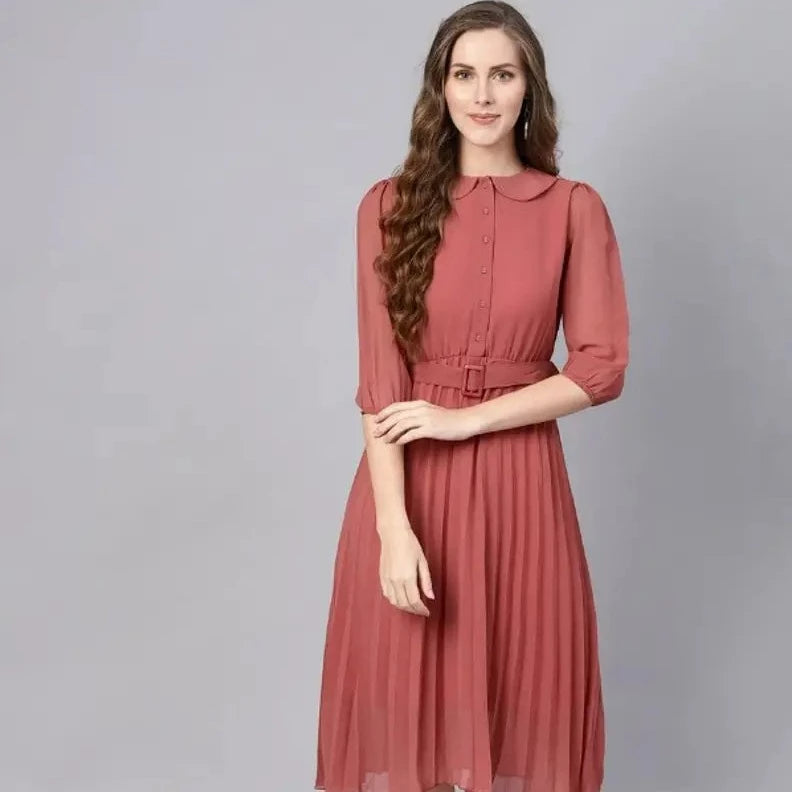 Alluring Peach Georgette Solid Dresses For Women