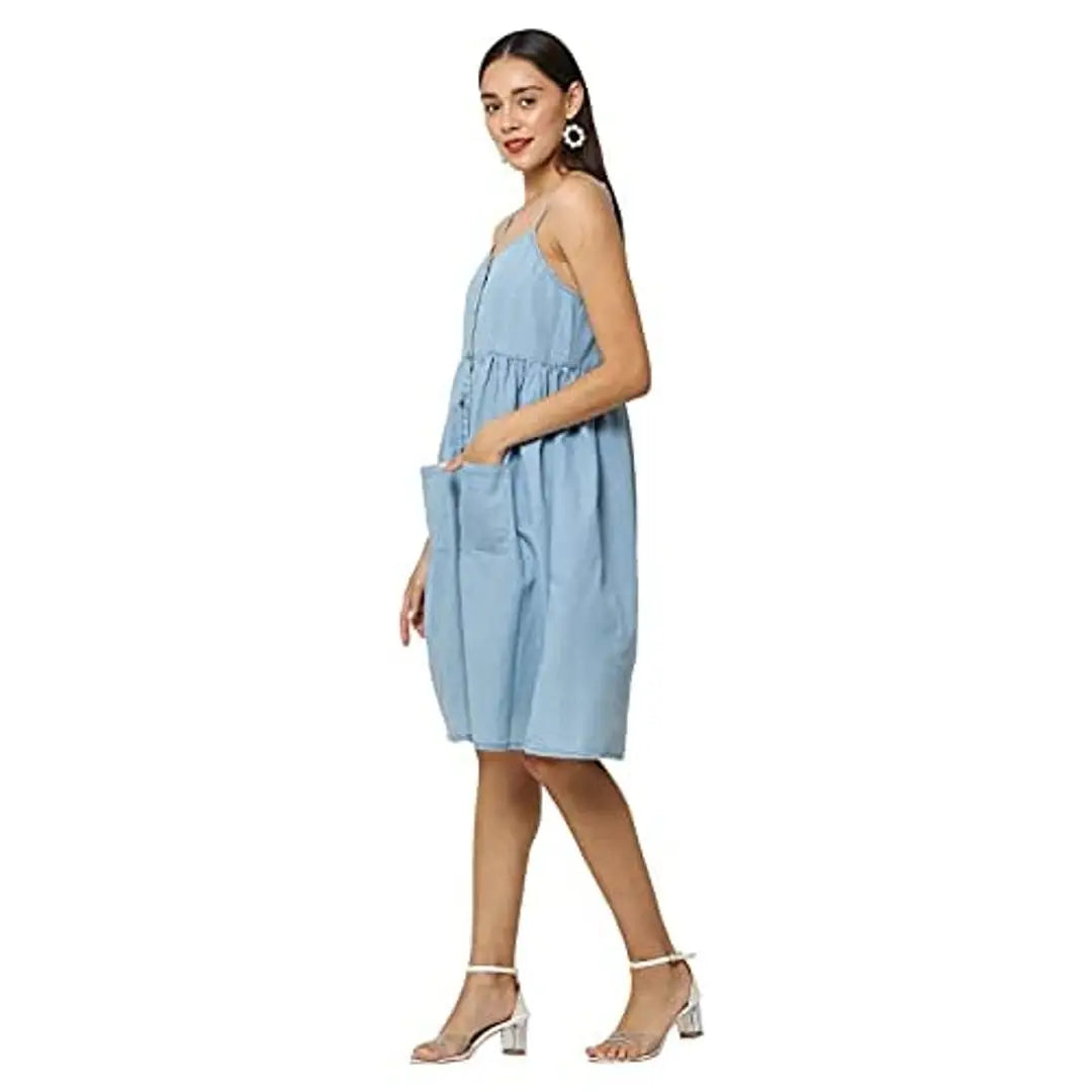 AVYANNA Stylish Women's Blue Color Light Wash Solid Denim Dress