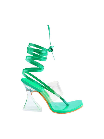 Trendy Clear Strap Stylish Green Block Heeled Sandals For Women and Girls