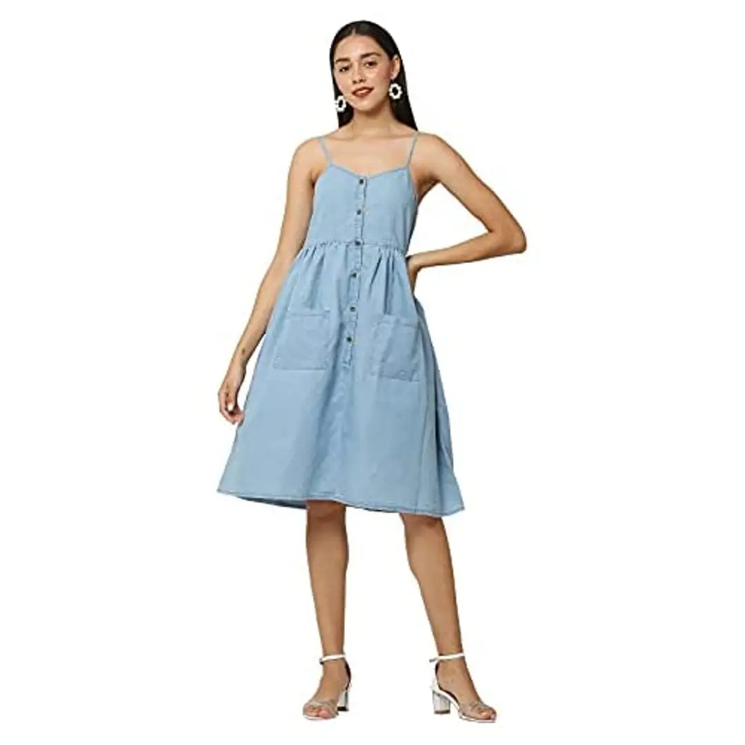 AVYANNA Stylish Women's Blue Color Light Wash Solid Denim Dress