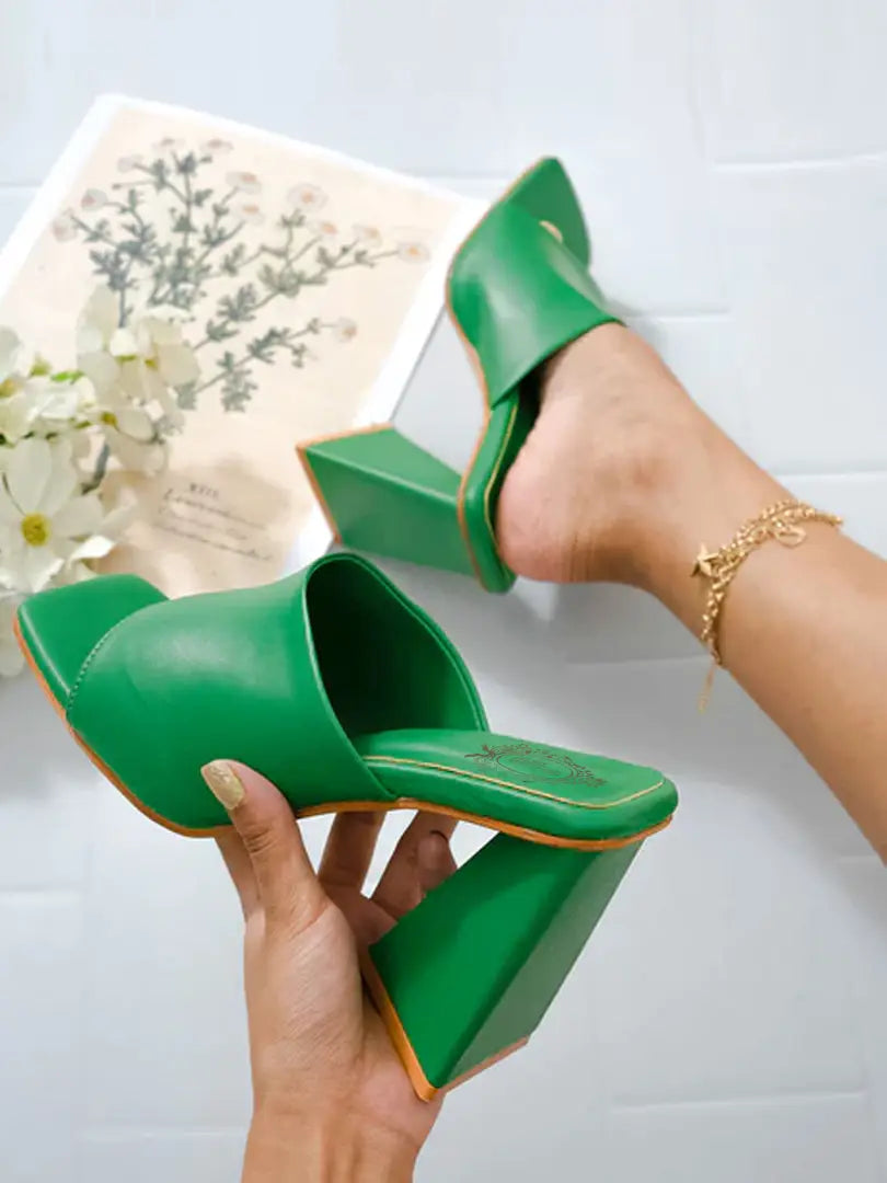 Trendy Stylish Pop Green Colored Triangle Heels For Women and Girls