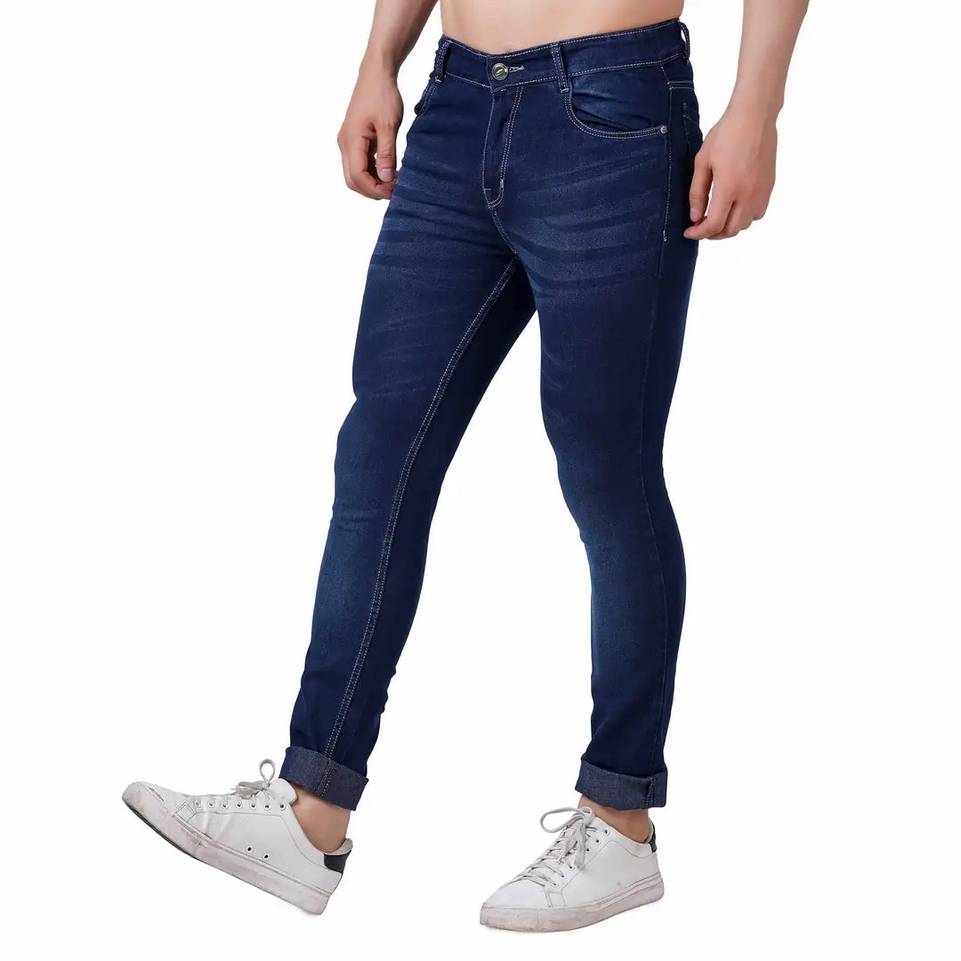 Stylish Fancy Navy Blue Denim Solid Mid-Rise Jeans For Men