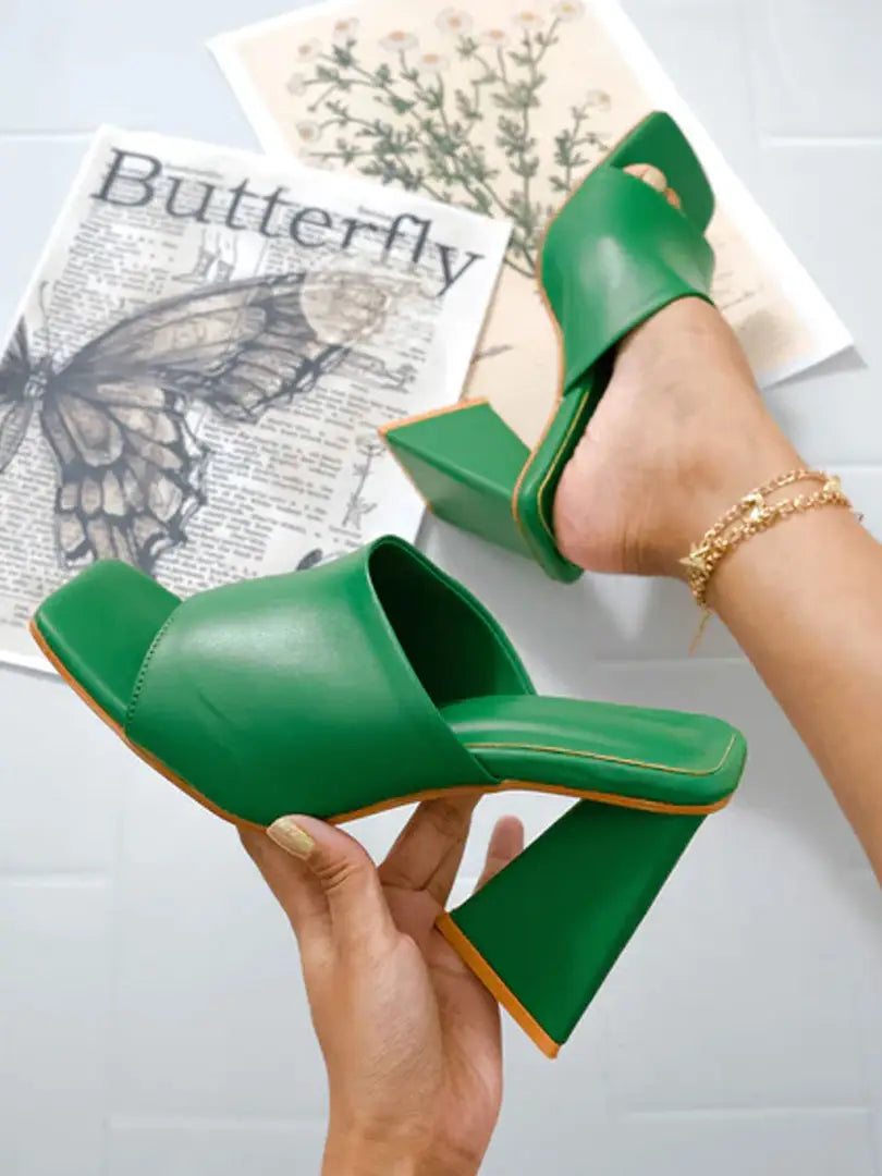 Trendy Stylish Pop Green Colored Triangle Heels For Women and Girls