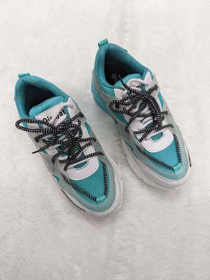 Stylish Turquoise Synthetic Colourblocked Sports Running Shoes For Women