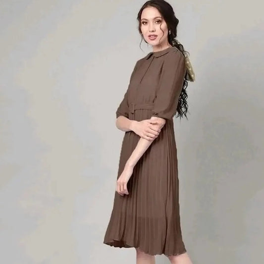 Alluring Brown Georgette Self Design Dresses For Women